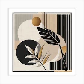 Botanical Harmony: Geometric Minimalism in Monochrome and Gold Art Print