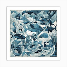 Seascape Monochrome Cubism Style Art Print