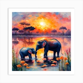 Elephants At Sunset Art Print