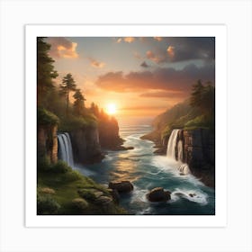 Waterfall At Sunset Art Print