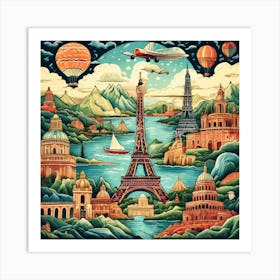 Paris Cityscape, Featuring Pastel Landmarks, Travel Posters A Retro-Inspired Travel Posters Showcasing Iconic Destination Art Print