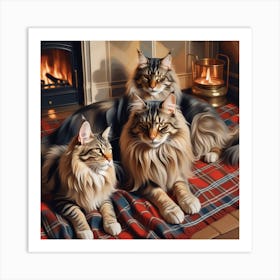 Illustration A Pair Of Beloved Pets Regal Cat Lying Comfortably On A Tartan Blanket Top Right Ma 550155959 Art Print