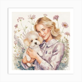 A Pretty Woman Holding A Cute Dog Art Print