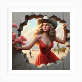 Cowgirl In Red Dress Art Print