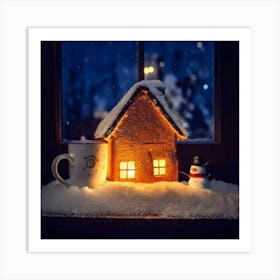 Firefly Cup, Cozy, Miniature, House, Illuminated, Windows, Snowy, Landscape, Snowman, Winter, Warmth Art Print