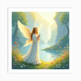 Angel In Tranquil Paradise, Watercolor, Soft And Colorful 1 Art Print