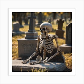 Skeleton Sitting In Graveyard Art Print