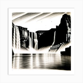 Black And White Drawing Of A Waterfall Art Print