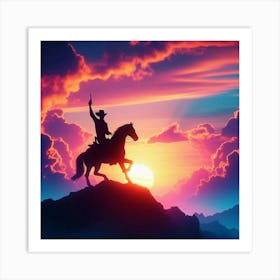 Silhouette Of Cowboy On Horseback Art Print