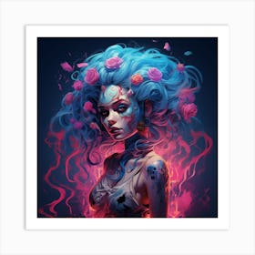 The Woman Has Zombie Style Hair Pink Outfit And Flowers  Art Print