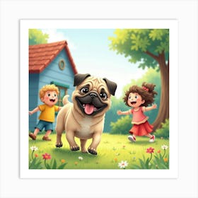 A Lively Pug Playing With Kids In A Colorful Backyard, Watercolor 1 Art Print