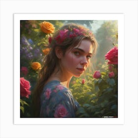 Woman In The Garden Of Roses Art Print