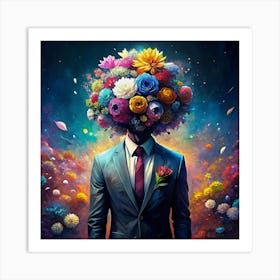 Man In Suit With Flower Head Art Print