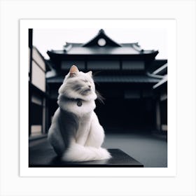 White Cat In Front Of A Building Art Print