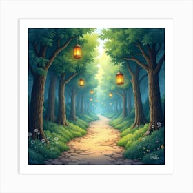 Enchanting Watercolor Forest Path With Floating Lanterns 1 Art Print