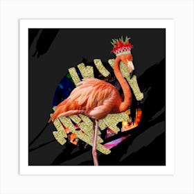 Royal Flamingo Wearing Floral Crown In Black And Gold 1 Art Print