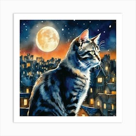 Cat At Night Art Print