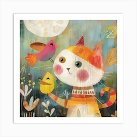 Cat And Birds Are Playing Together Art Print