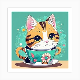 cute amine Cat In A Teacup Art Print