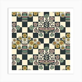 OP-ULENCE Retro Floral Checkerboard Op Art Mid-Century Modern Geometric in Black Warm White with Multi-Colours Art Print