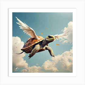 Tortoise Soaring Higher And Higher With Feather Attached To His Shell (1) Art Print