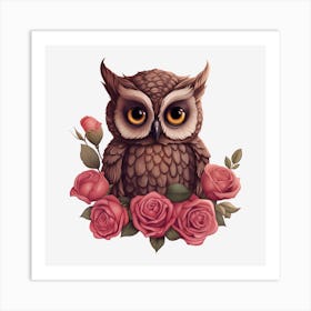 Owl With Roses 21 Art Print