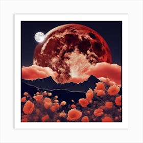 Red Moon With Poppies Art Print