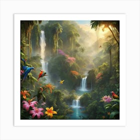 Tropical Jungle Waterfall Paintings Art Print Art Print