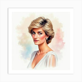 Watercolor Portrait Of Princess Diana With Luminous Pastel Background Tones Art Print