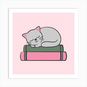 Cat Sleeping On Books Art Print