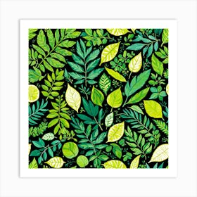 Green Leaves On Black Background, Different Types Of Leaves And Their Textures art print Art Print