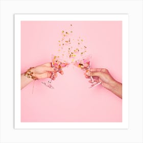 Two Hands Toasting Over Pink Background Art Print