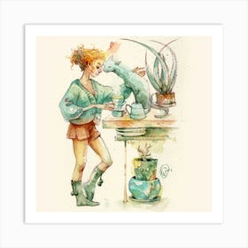 Watercolor Of A Girl And Cat Art Print