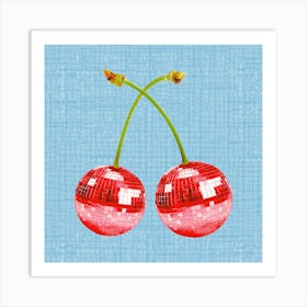 Retro Mirrorball Disco ball Cherries, 70s vibes, retro vibes cherries, Red Disco ball Art Print