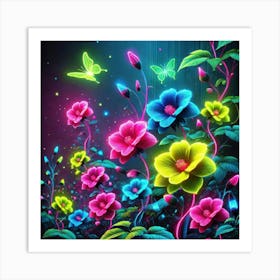 Neon Flowers And Butterflies Art Print