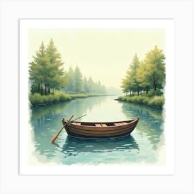 Cozy Fishing Boat On Watercolor Calm River 1 Art Print