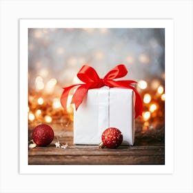 Christmas Decoration Featuring A White Gift Wrapped In Festive Red And White Ribbon Foreground Focu (1) Art Print