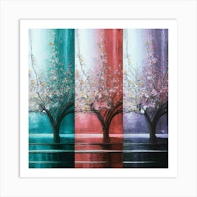 Three different paintings each containing cherry trees in winter, spring and fall 9 Art Print