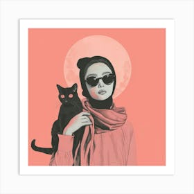 Confident Woman With Cat Art Print