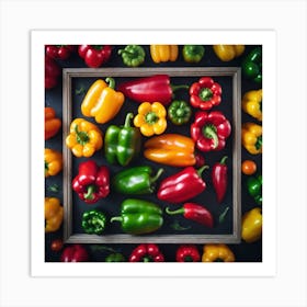 Colorful Peppers In A Wooden Frame 4 Art Print