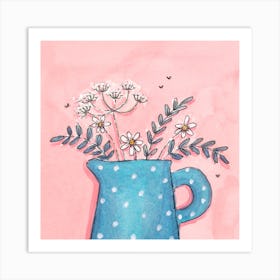 Spotty Blue Jug With Daisies And Cowparsley Square Art Print