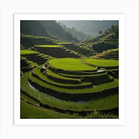 A Tranquil Rice Terrace In Southeast Asia With Lush Green Paddies And A Blue Sky 2 Art Print