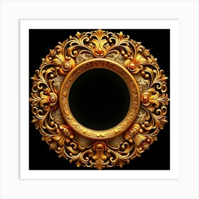 Ornate Golden Round Frame Isolated On Black Art Print