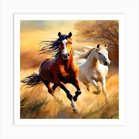 Two Horses Running In The Field Art Print