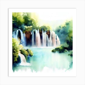 Waterfall Watercolor Painting, Plitvice Lakes National Park 1 Art Print