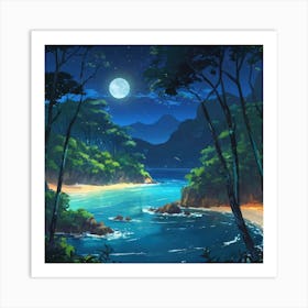 Moonlit Tropical Beach Enclosed by Lush Forest Under a Starry Night Sky 1 Art Print