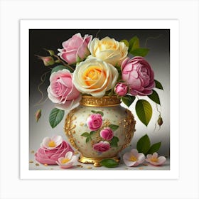 Antique fuchsia jar filled with purple roses, willow and camellia flowers Art Print