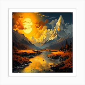 Mountain Landscape Painting,Beautiful mountains landscape Art Print