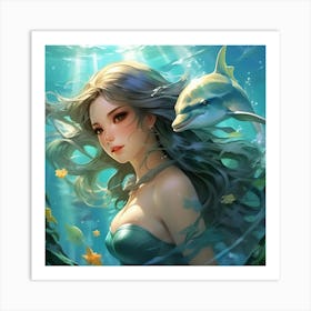 Anime Art, Mermaid and dolphin 1 Art Print