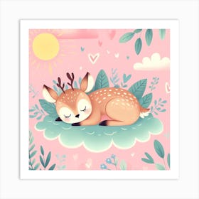 Cute Deer Sleeping On A Cloud Art Print